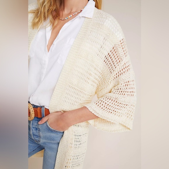 ANTHROPOLOGIE Boho Crochet Open Knit cardigan Sweater Layne Kimono Longline OS - Picture 3 of 10